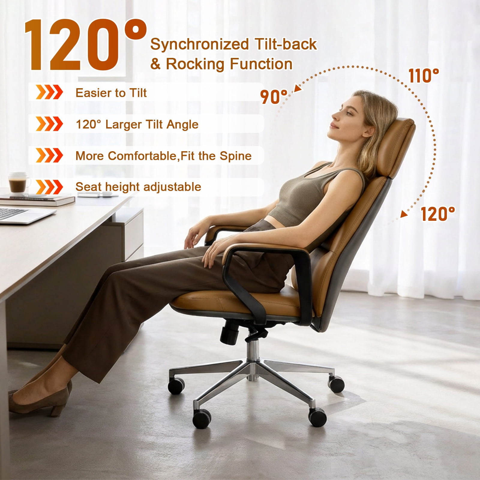PU Leather High Back Office Chair with , ergonomic lumbar support 400lbs, sturdy metal base, 360° silent wheels, fit for home and office