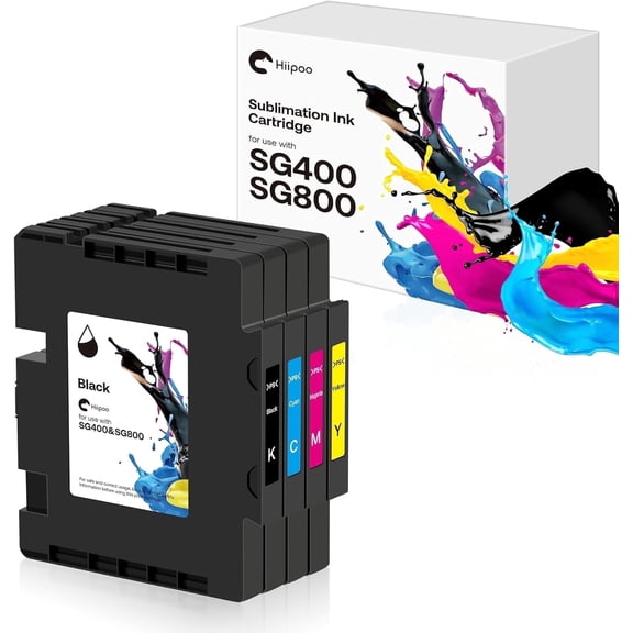 Hiipoo Sublimation Ink Cartridge (4-Pack), Compatible with Printers, Latest Upgraded Chip, Heat Transfer for Mugs, T-Shirts, DIY Gifts , Black/Cyan/Magenta/Yellow