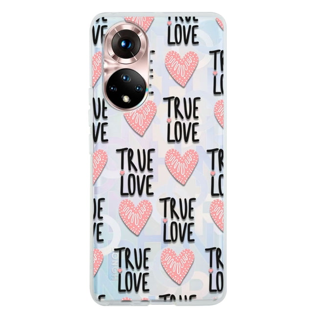 funda para huawei nova 8 corazones true love, uso rudo transparente con corazones rosa y texto "TRUE LOVE" repetido, vista trasera centrada con recorte de cámara; TPU flexible de 2 mm, protección 360° y ajuste perfecto para Huawei Nova 8, adecuada también para personalizar soporte de escritorio.