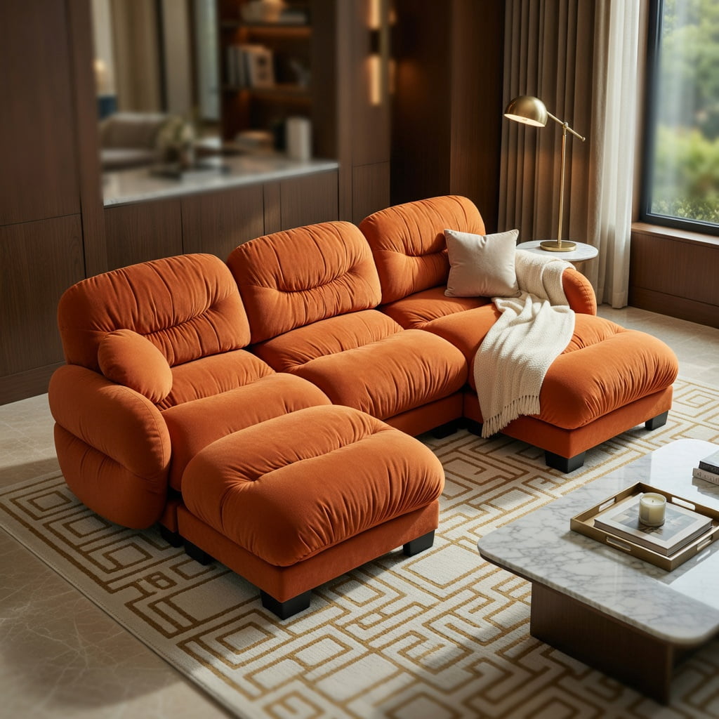 Hommoo Chenille U-Shaped Modular Sectional Sofa with Ergonomic Foam, Pleated Back Design, 3-Seater + 2 Ottomans & Round Throw Pillows, Orange