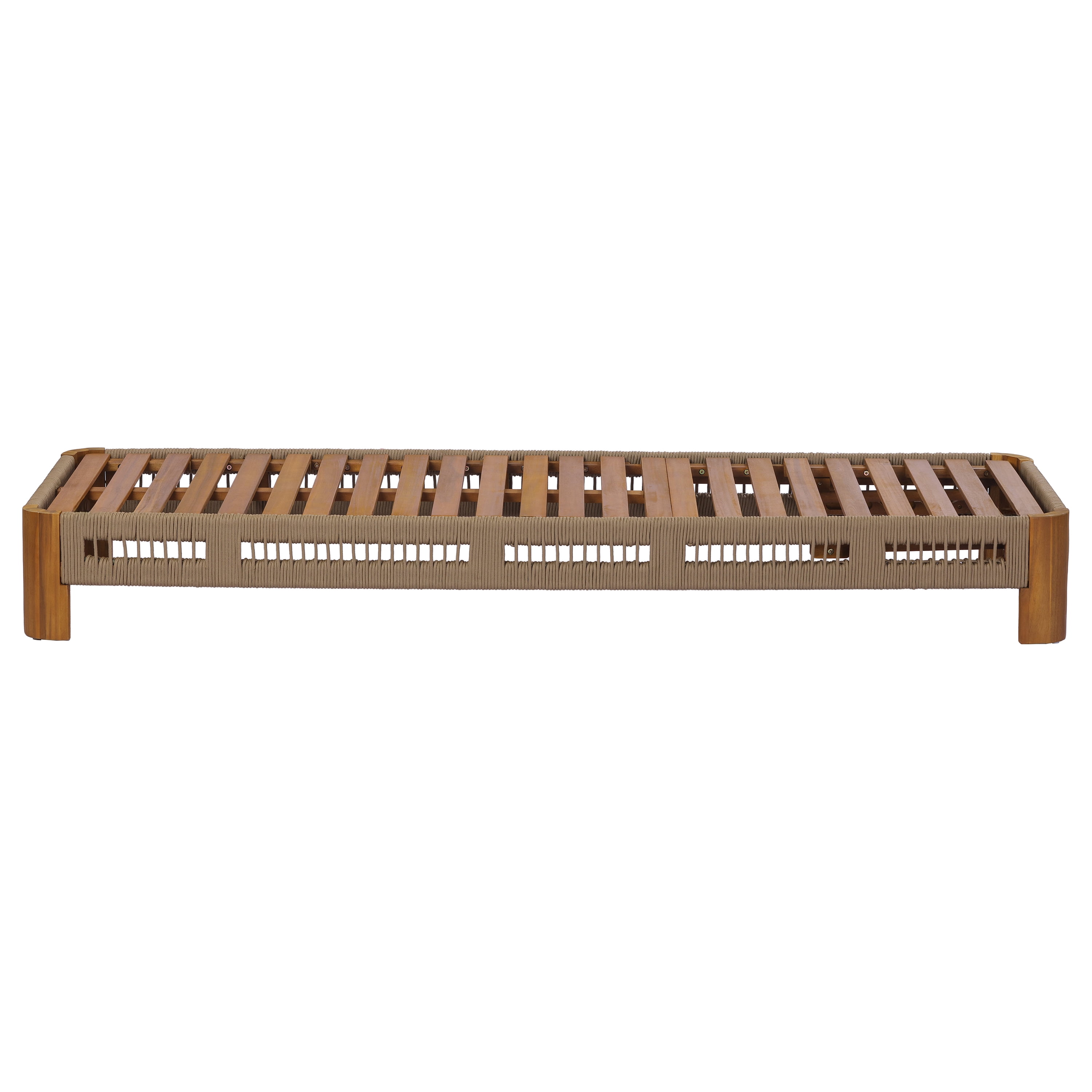 Adjustable Backrest Chaise Lounge, Acacia Wood Outdoor Recliner with Handwoven Rope Accents for Poolside, Natural Wood Finish