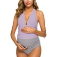 thumbnail image 3 of One Piece Maternity Swimsuits Stripe Halter Swimwear Deep V Neck Monokini High Waisted Bathing Suits Purple (M, 3 of 8