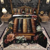 Manfei Retro Hippie Bohemian Queen Comforter Set for Teens, Retro Mid Century Books Bedding Sets, Mandala Groovy Flower Reversible Bedding Comforter Set, Breathable Home Decor, 3-Piece