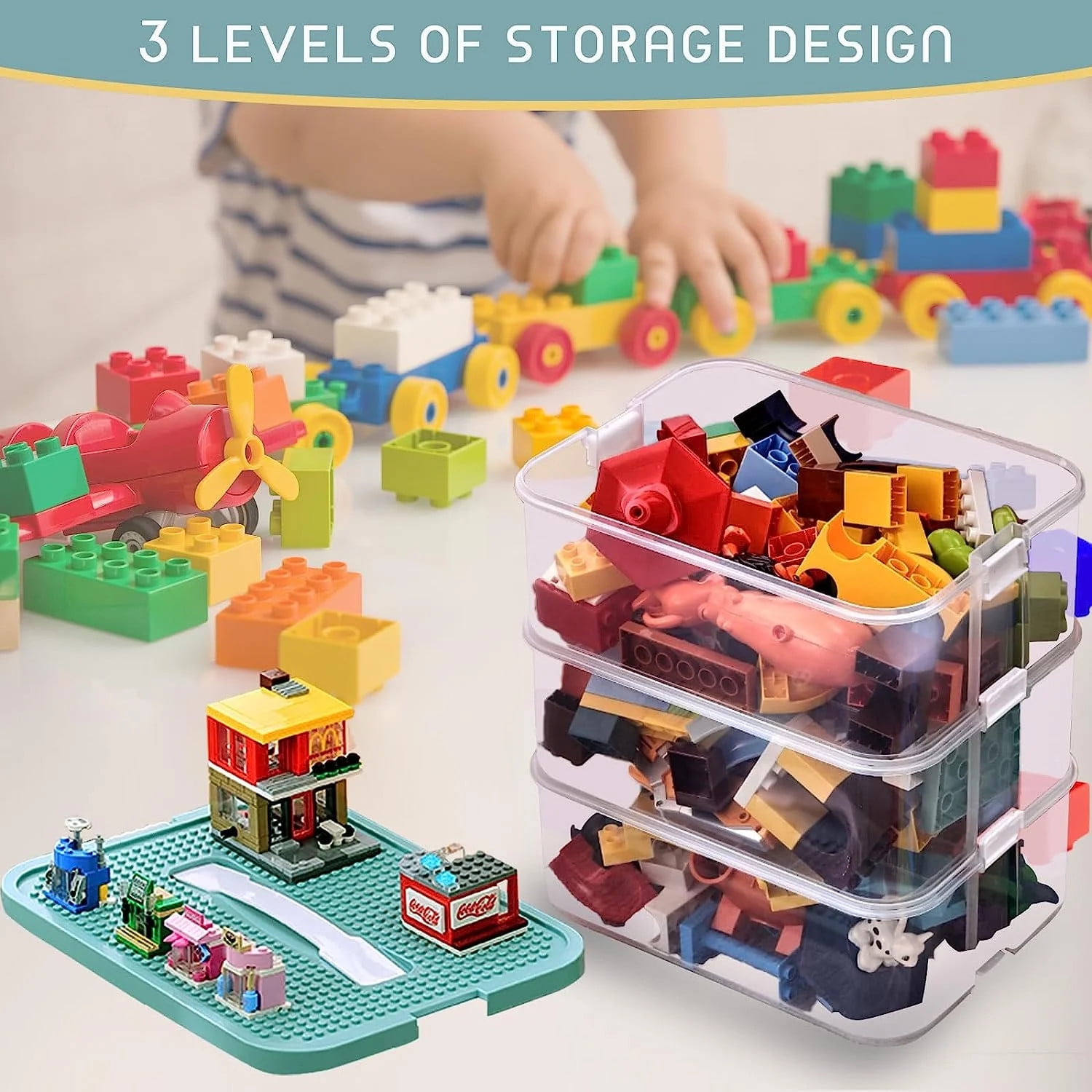 TEAFIRST Storage Organizer, Lego Box for Kids Toy Stackable Containers with Lids, Plastic, Green
