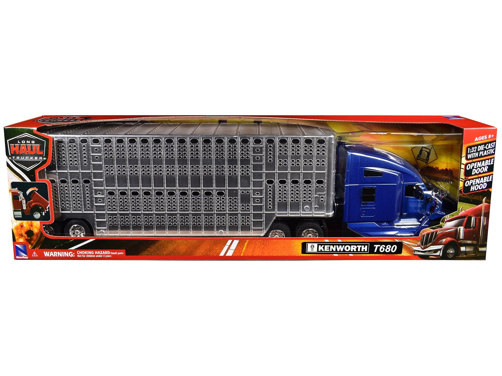 Kenworth T680 Truck Blue Metallic with Livestock Trailer Chrome