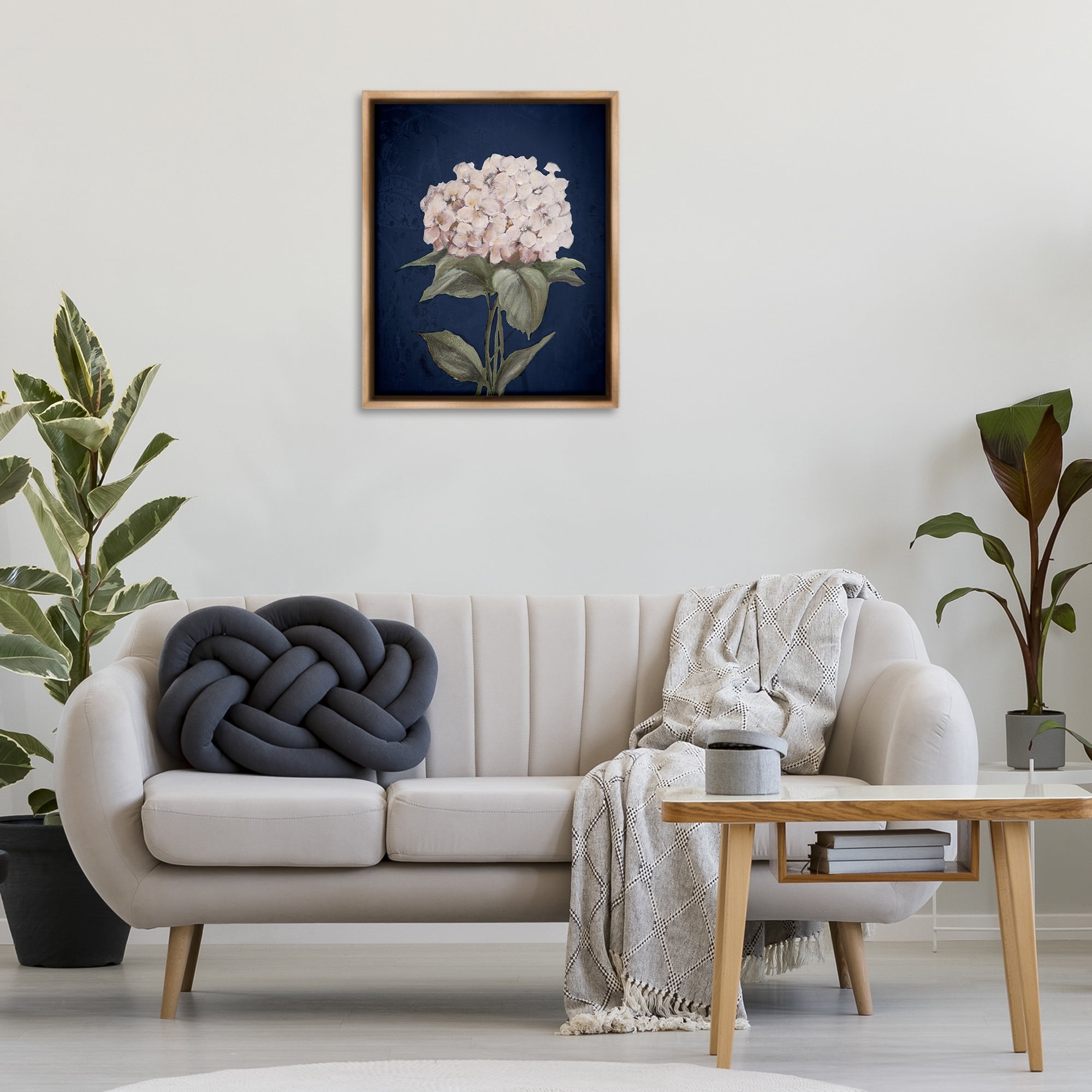 Stupell Industries Single Hydrangea Bloom Botanical & Floral Painting Brown Floater Framed Canvas Art Print Wall Art, 25 x 31