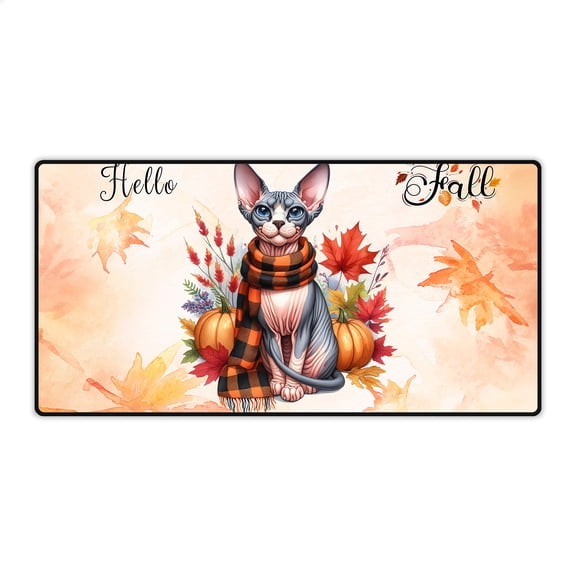 Hello Fall Sphynx Scarf Welcome Autumn with Leaves Pumpkins Desk Mat Full Keyboard Mouse Pad Cat Lover Kitten Owner Gifts Idea Large Mousepad - 00011