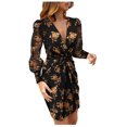 thumbnail image 1 of Birdeem Robe Femme Imprimée Manches Torsadées Midi Robe Aguichant Décolleté en V Profond, 1 of 7