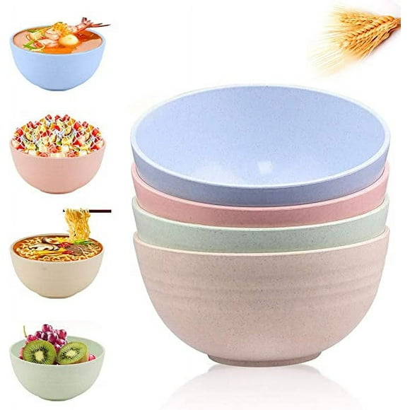 Granjero Gordo Juego de cuatro ensaladeras de 24 oz, cuenco de plástico para cocina, cuenco apto para microondas, juego de cubiertos de paja de trigo, cuenco para cena