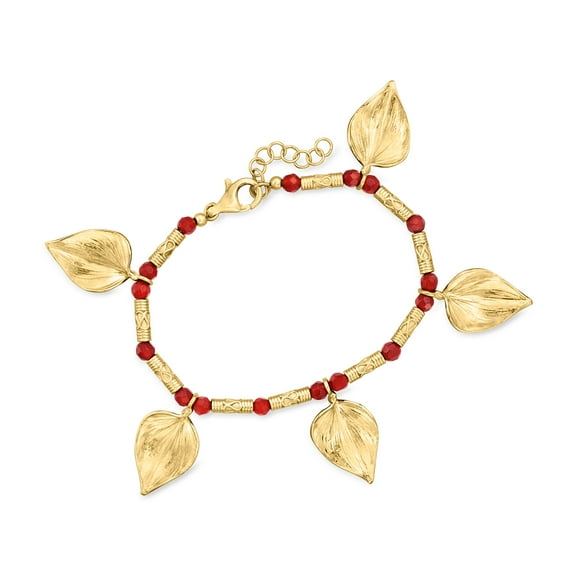 Ross-Simons Red Carnelian Bead Leaf Bracelet in 18kt Gold Over Sterling, Women's, Adult