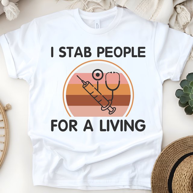Funny Nurse Graphic T-Shirt with Syringe and Stethoscope Design, White, Size 2XL