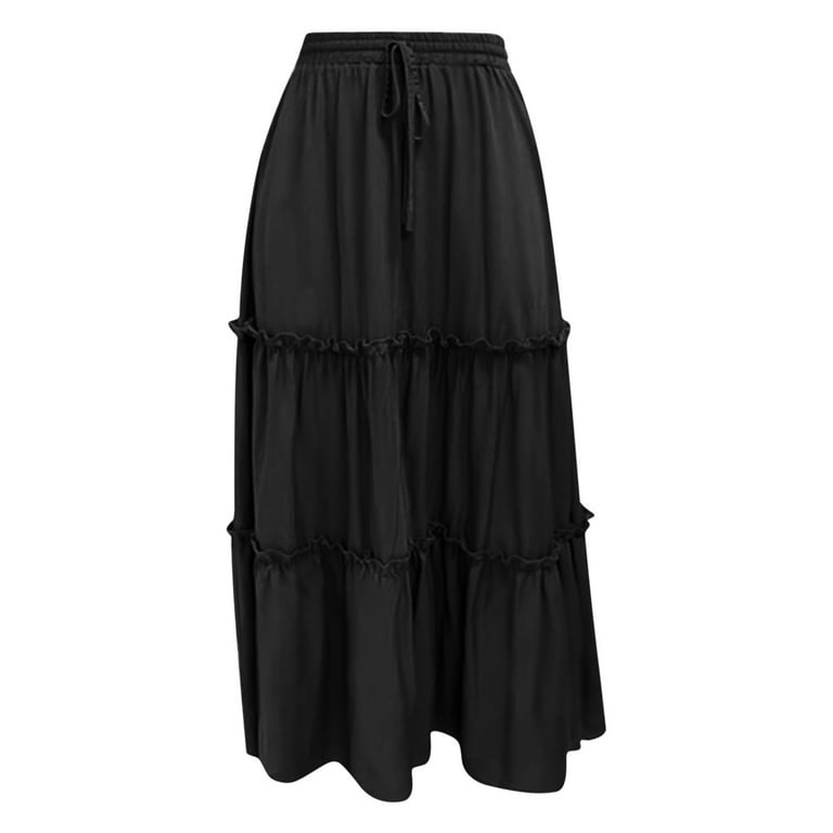 Women's Summer Skirt Casual Elastic Waist Drawstring A-Line Flowy Skirt Pleated Layered Beach Mid-Length Skirt Walmart.com