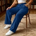 thumbnail image 4 of Inleife Women Solid Corduroy Cargo Pants High Waist Wide Leg Casual Trousers Elastic Drawstring Multi Pockets Daily Loungewear, 4 of 6