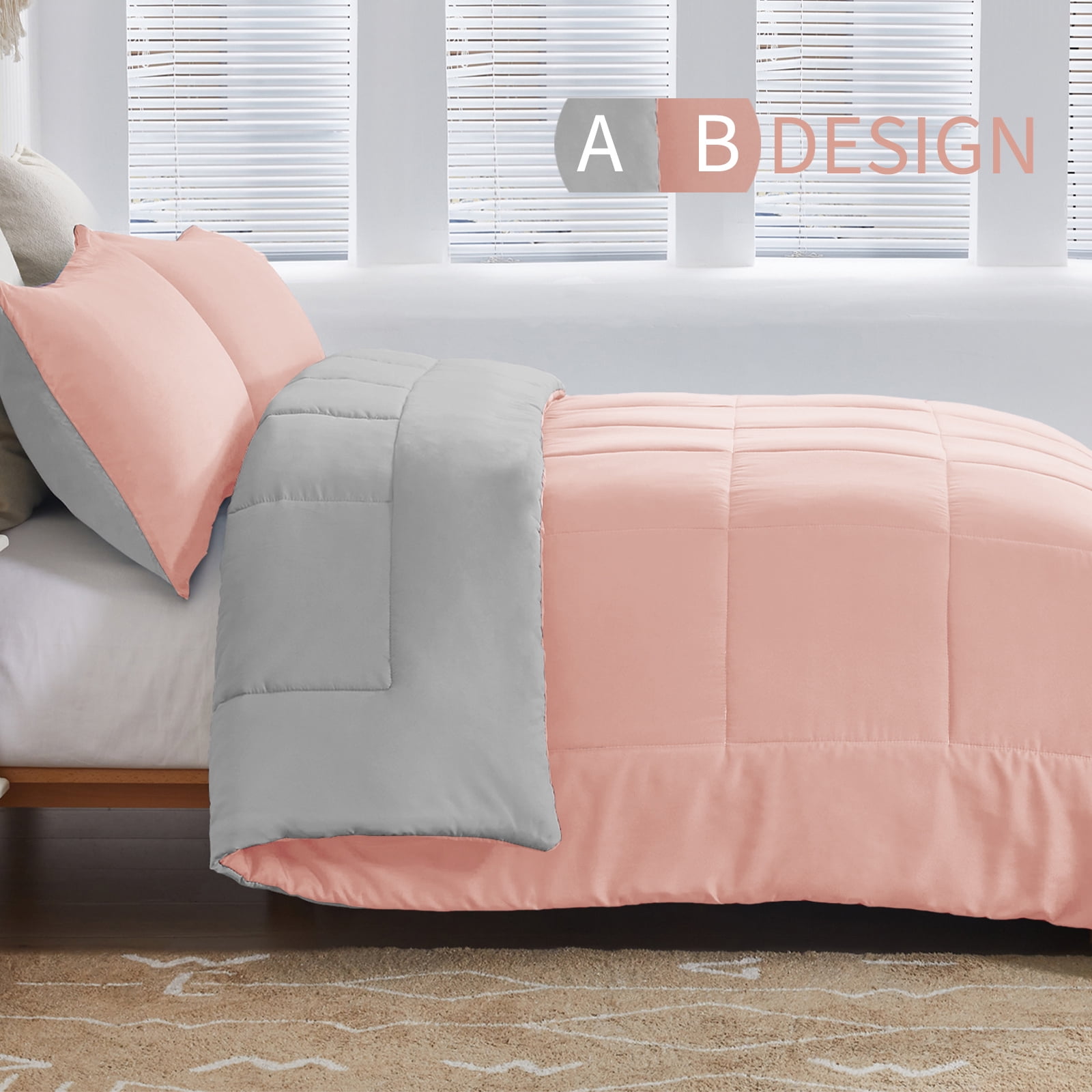 Exclusivo Mezcla Lightweight Reversible 3-Piece Comforter Set All Seasons, Down Alternative Comforter with 2 Pillow Shams, Full Size, Blush Pink/Light Grey