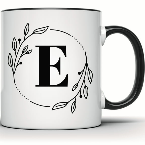 Floral Letter E Mug - Monogram Coffee Mug, Botanical Wreath Design, Unique Custom Name & Initial, Perfect Gift for Her - 11 Ounce Black Rim Handle Novelty Coffee Cup - WMUG0355-Black Rim