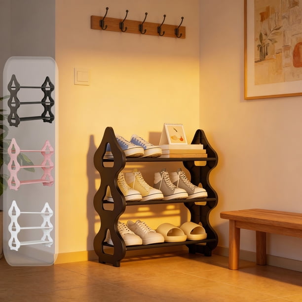 Organizador de zapatos Almacenamiento de plástico de 3 niveles – Negro, blanco, rosa – Ahorro de espacio, fácil de montar, diseño ventilado para dormitorio y entrada – Contiene zapatos de hombre y