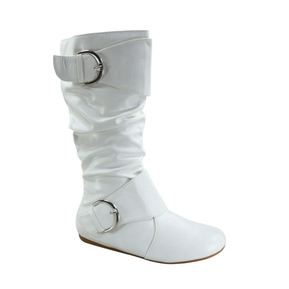 Zone 80 Women's Faux Leather Zipper Buckle Slouch Casual Flat Heel Mid Calf Round Toe Boots ( White, 10)