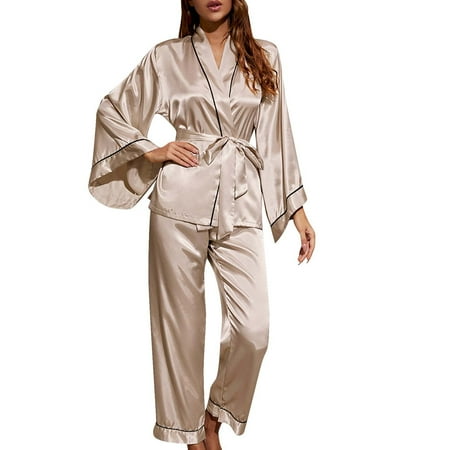 

FAIWAD Elegant Pajamas Suit for Women Classic Long Sleeve Tops with Pants Lightweight Lounging Set with Belt (Large Khaki)