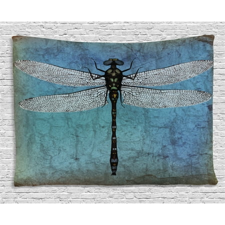 Dragonfly Wall Hanging Dragonfly Tapestry, Grunge Vintage Old Backdrop and Dragonfly Bug Ombre Image, Wall Hanging for Bedroom Living Room Dorm Decor, 80W X 60L Inches, Dark Blue Turquoise and Black, by Ambesonne ()