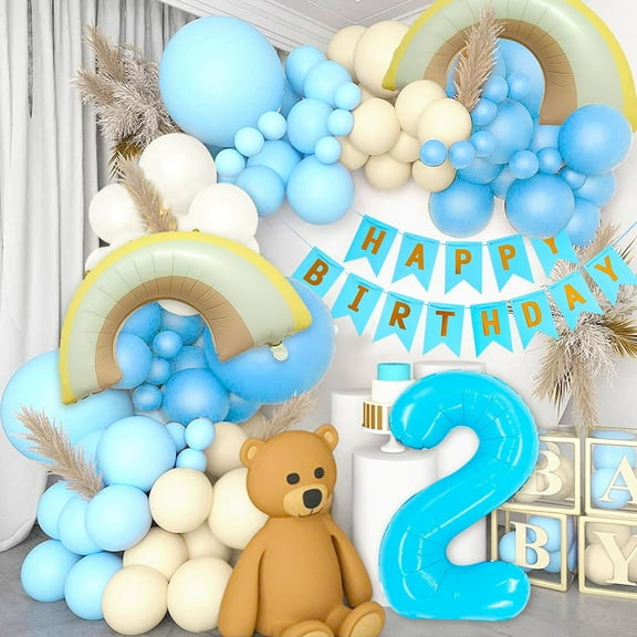 Blue and off-white birthday party decoration set - Includes rainbow number 2 balloons   banner to create a warm atmosphere