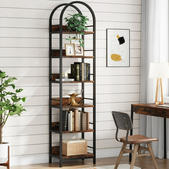 Tribesigns 6-Tier Open Bookshelf, 78.7" Tall Arched Bookcase Narrow Bookshelf, Rustic Brown
