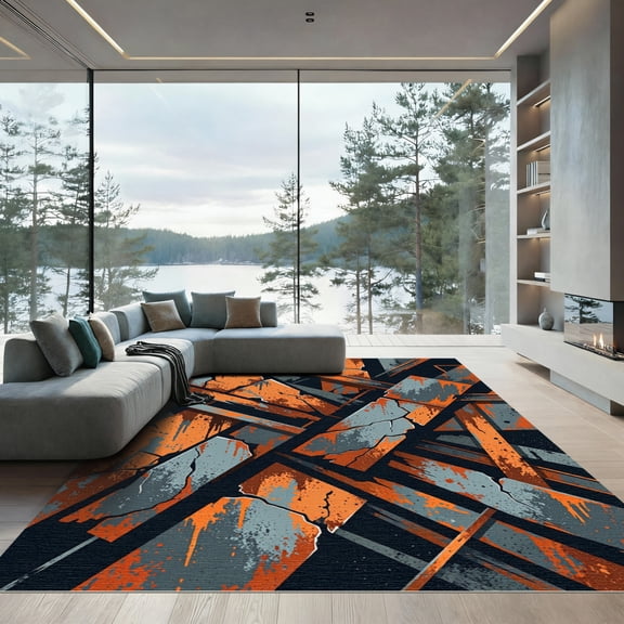 ODIKA 4' x 6' Machine Washable Non-Slip Area Rug, industrial geometric High Traffic Rug, Orange, 1237459