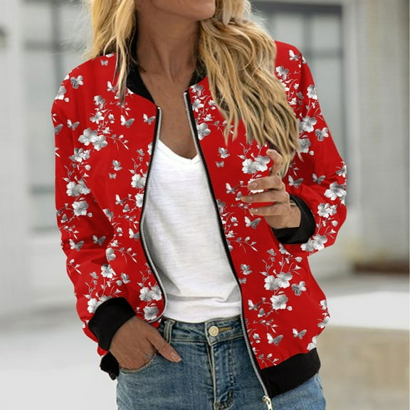 Hvyesh Womens Bomber Jacket 2025 Long Sleeve Zip Up Floral Outerwear Lightweight Loose Casual Fall Coats With Pockets Red