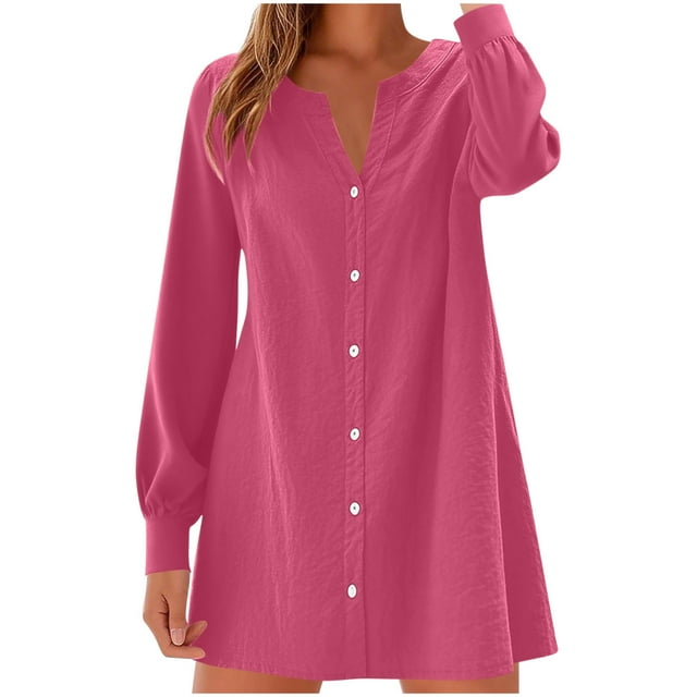 Womens Pullover Tops Spring Fall Clothes 2025 Long Sleeve Shirts Trendy Crew Neck Loose Festival Tops Summer And Linen Solid Color Long Sleeved V-neck Button Up Dress Plus Size Tops For Women Summer