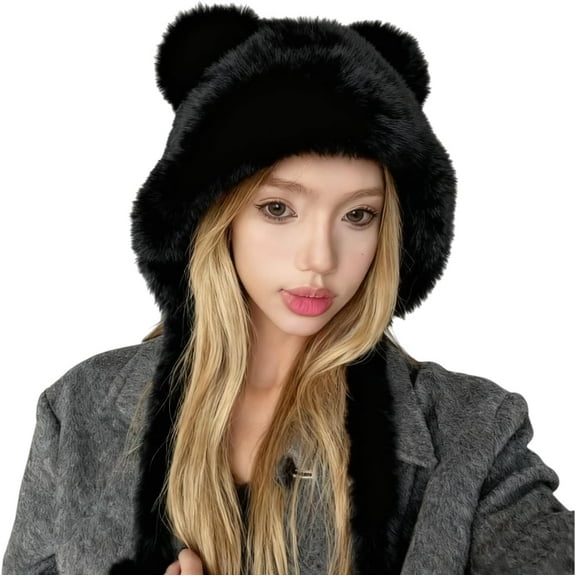 Winter Cute Plush Bear Ear Hat Women Warm Faux Fur Beanie Trapper Hat with Strap Ear Flap Windproof Thick Fuzzy Cap Costume