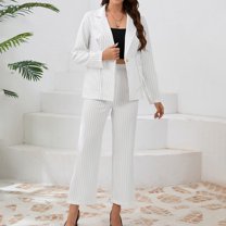 Aueoeo Women's Casual Suits Stripe Two Piece Outfits Long Sleeve Sigle Button Blazer Jackets Straight Leg Pants Fashion Streetwear
