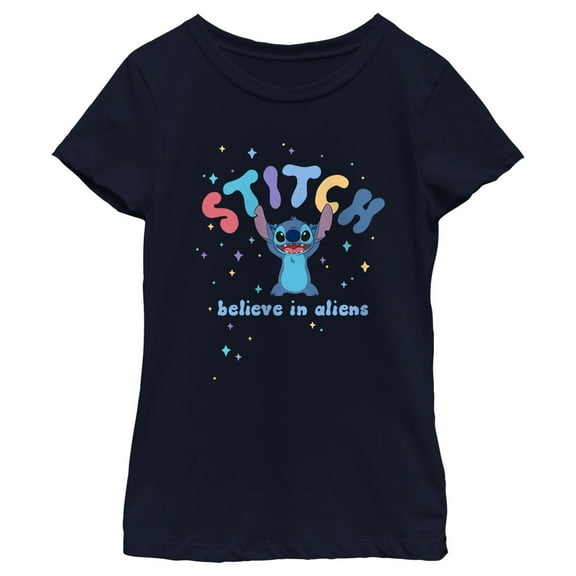 Girl's Lilo & Stitch Believe in Aliens Stitch Graphic Tee Navy Blue Small