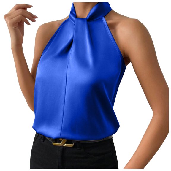 oqasdz Womens Tank Tops Silk Satin Sleeveless Halter Neck Summer Curved Hem Lightweight Dressy Blouses Shirt Casual Vacation