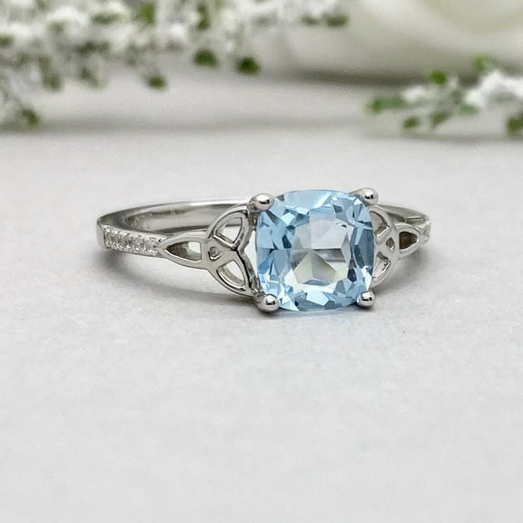 Cushion Cut Aquamarine Gemstone Engagement Ring Natural Aquamarine Round Zircon Celtic Ring