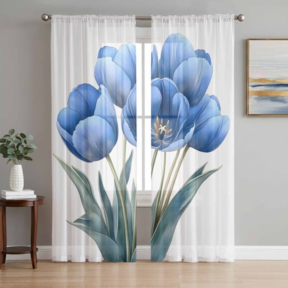 Blue Spring Floral Sheer Curtains 72 Inch Length 2 Panels Set, Wildflower Garden Botanical Voile Window Treatment Rod Pocket Curtains Sheers Drapes for Bedroom/Living Room/Kitchen 52"x72"x2