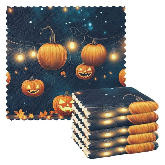 Halloween Pumpkins and String Lights Kitchen Cloth Dish Towels for Drying Washing Absorbent Dish Rags 6 Pack
