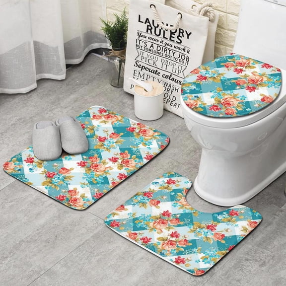 Pioneer Flower Floral Print Pattern Bathroom Rugs Sets 3 Piece,Toilet Cover Set,Absorbent Non Slip Bathroom Mats Sets with U-Shaped Contour Rug Toilet Rug Set