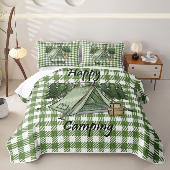 Erosebridal Green Plaid Tent Camping Twin Quilt Set, Pine Tree Happy Quote Twin Coverlet Set for Men and Women, 2 Pieces