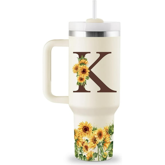 Birthday Gifts for Women - Sunflower Monogrammed 40 oz Tumbler with Handle & Straw - Sunflower Gifts for Women - Personalized Gifts for Mom, Wife, Sister, Friend, Coworkers - Initial Sunflower Cup