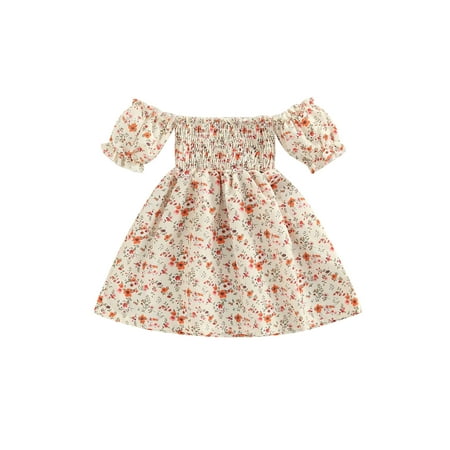 

Frobukio Little Toddler Girls Summer Dress Off Shoulder Short Sleeve Floral Printed Ruched A-Line Dress Casual Dress Apricot 2-3 Years