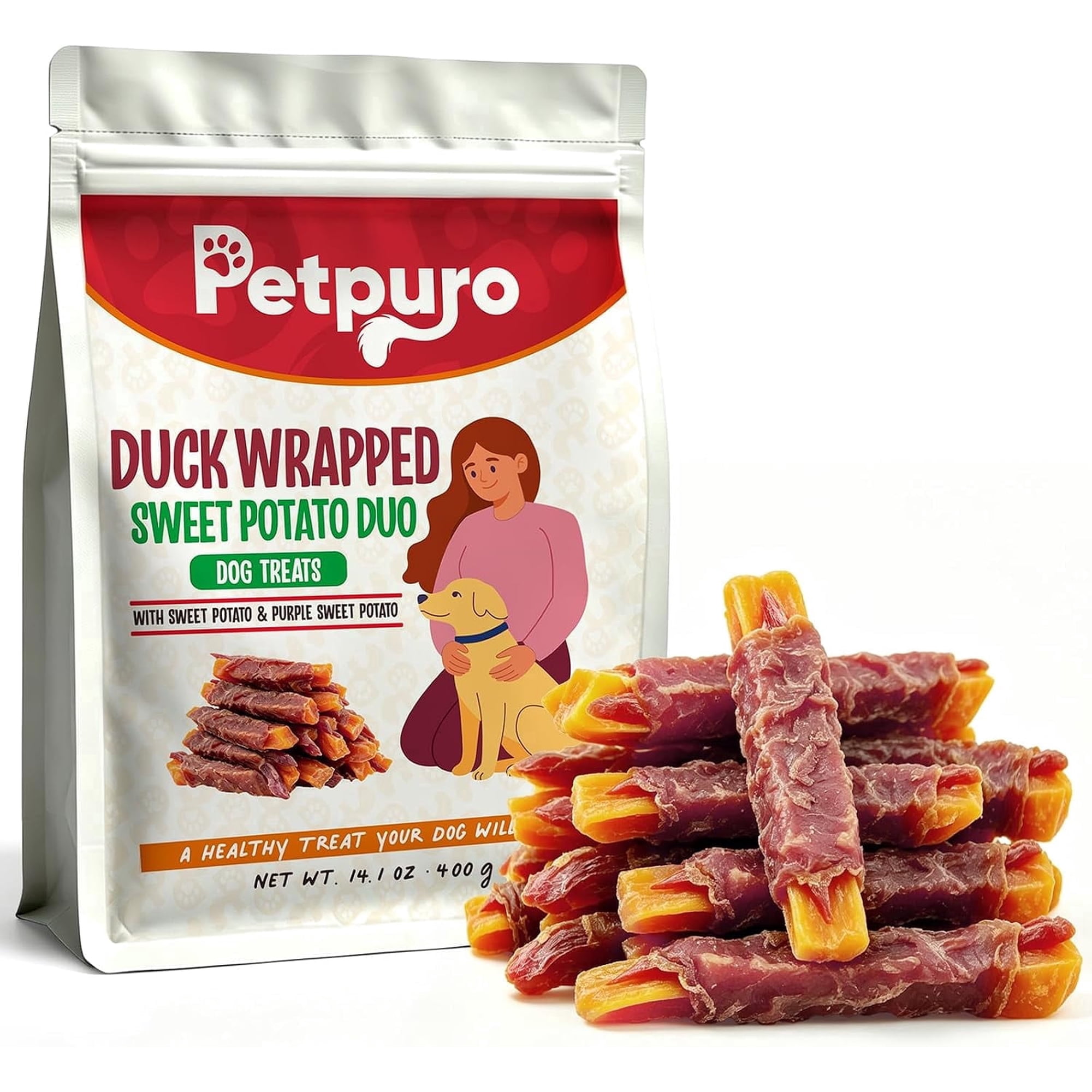 PETPURO Duck Wrapped Sweet Potato Dog Treats, Double Sweet Potato Jerky, 14.1 oz