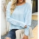 thumbnail image 3 of Suéter de mujer Color puro encaje cuello redondo dobladillo suelto patrón calado textura ondulada suéter transpirable azul claro S, 3 of 6