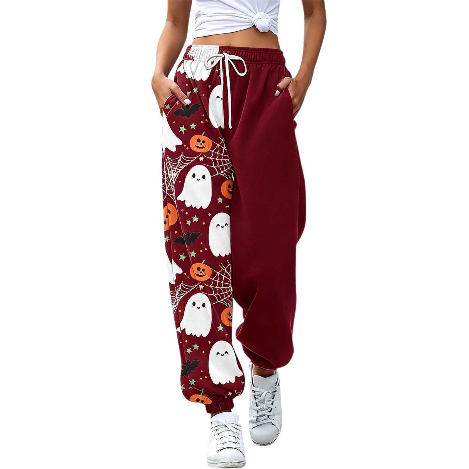 WEIWEN Halloween Sweatpants Women Fall Winter Halloween Theme Printed Yoga Pants for Women Workout Joggers Wide Leg Gym Trousers High Waisted Running Athletic Cinch Bottoms Red XL