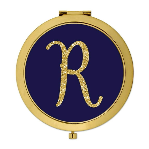 Koyal Wholesale Gold Compact Mirror Bridesmaid's Wedding Gift, Navy Blue | Faux Gold Glitter, Monogram Letter R, 1-Pack