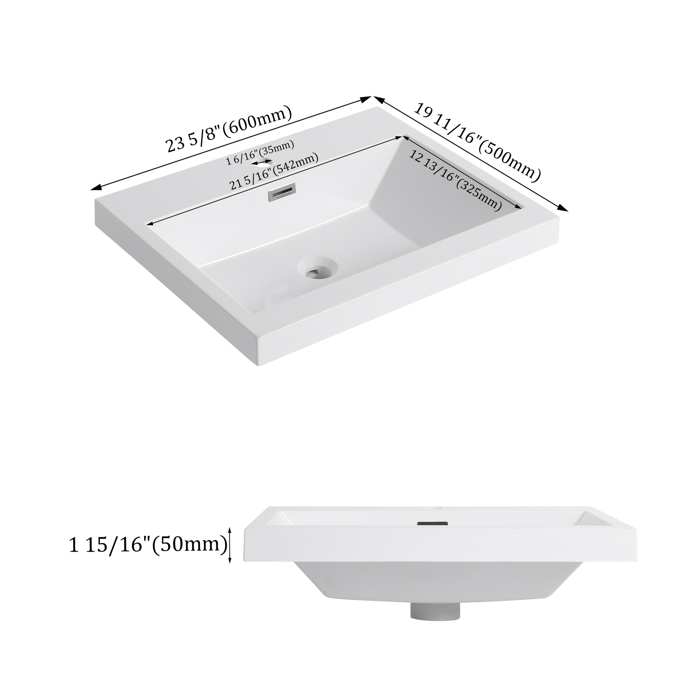 Noble House 24" Resin Bathroom Vanity Top Sink, Modern Integrated Basin, Easy-Clean, Scratch-Resistant, Glossy White
