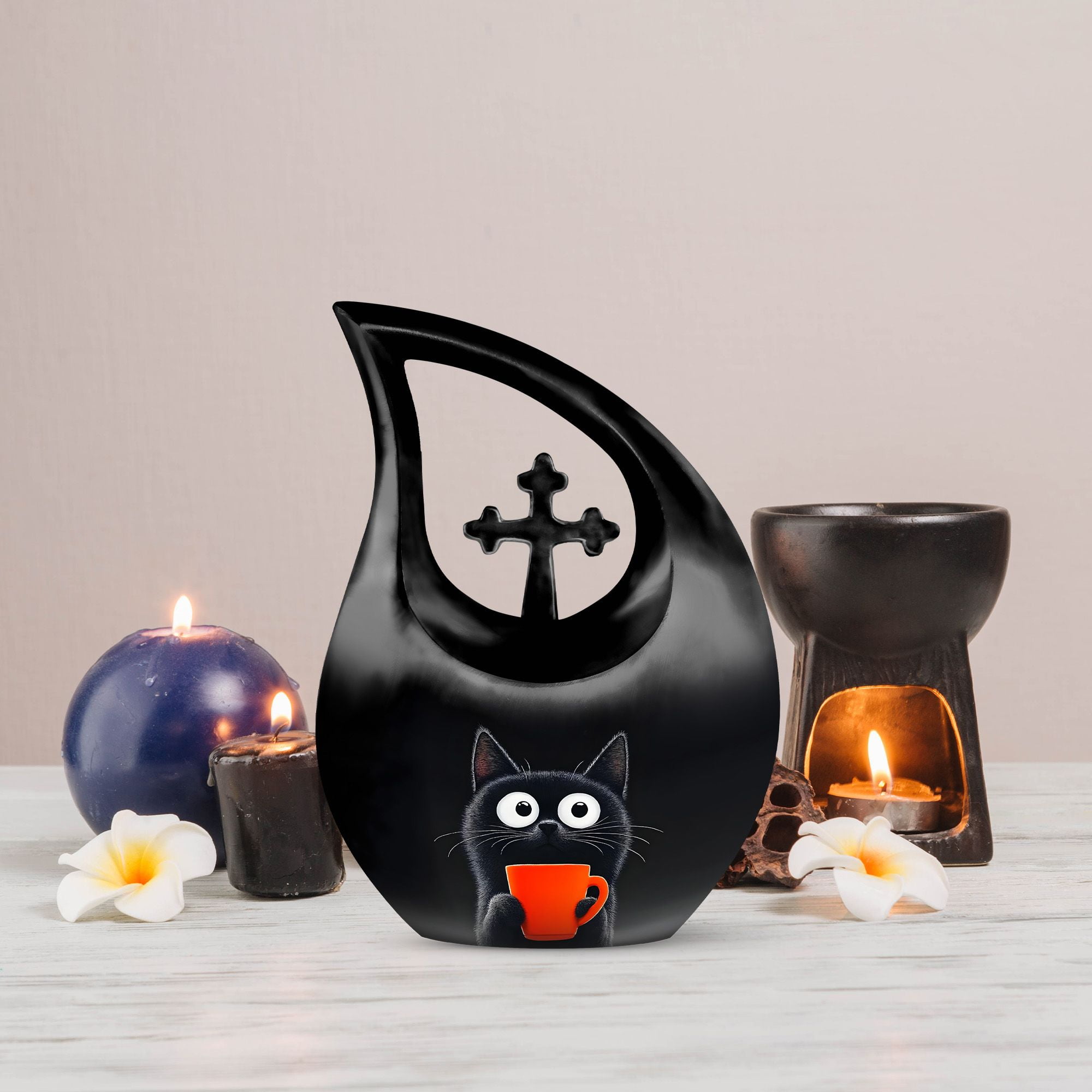 MUKTIVE Black CatUrn for Human Ashes, Decorative Funeral Large Urn for Ashes for Women and Men, (Cross Drop Large, 10 Inch)