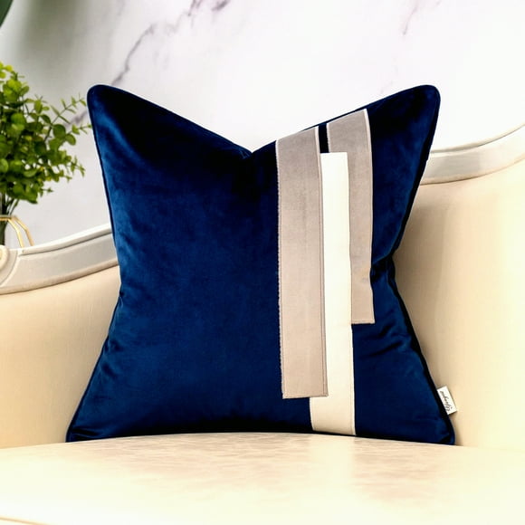 Navy Blue Striped Velvet Patchwork Pillowcase - Modern Decorative Cushion Cover for Sofa Couch & Bedroom - 18x18 Inch Home Decor Accent