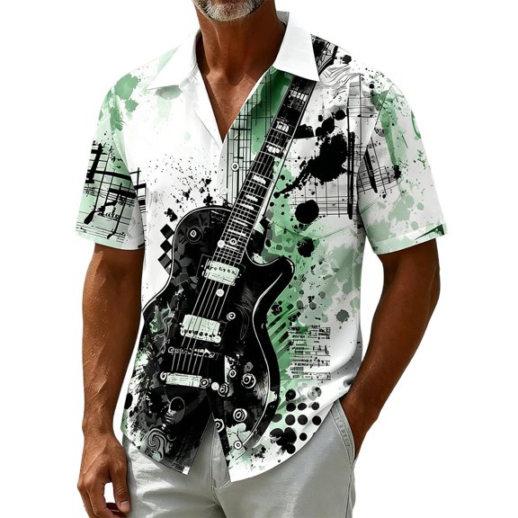 Mens Hawaiian Shirt Short Sleeve Button Down Shirts Music Symbol Printed Summer Regular Fit Beach Shirt Tops