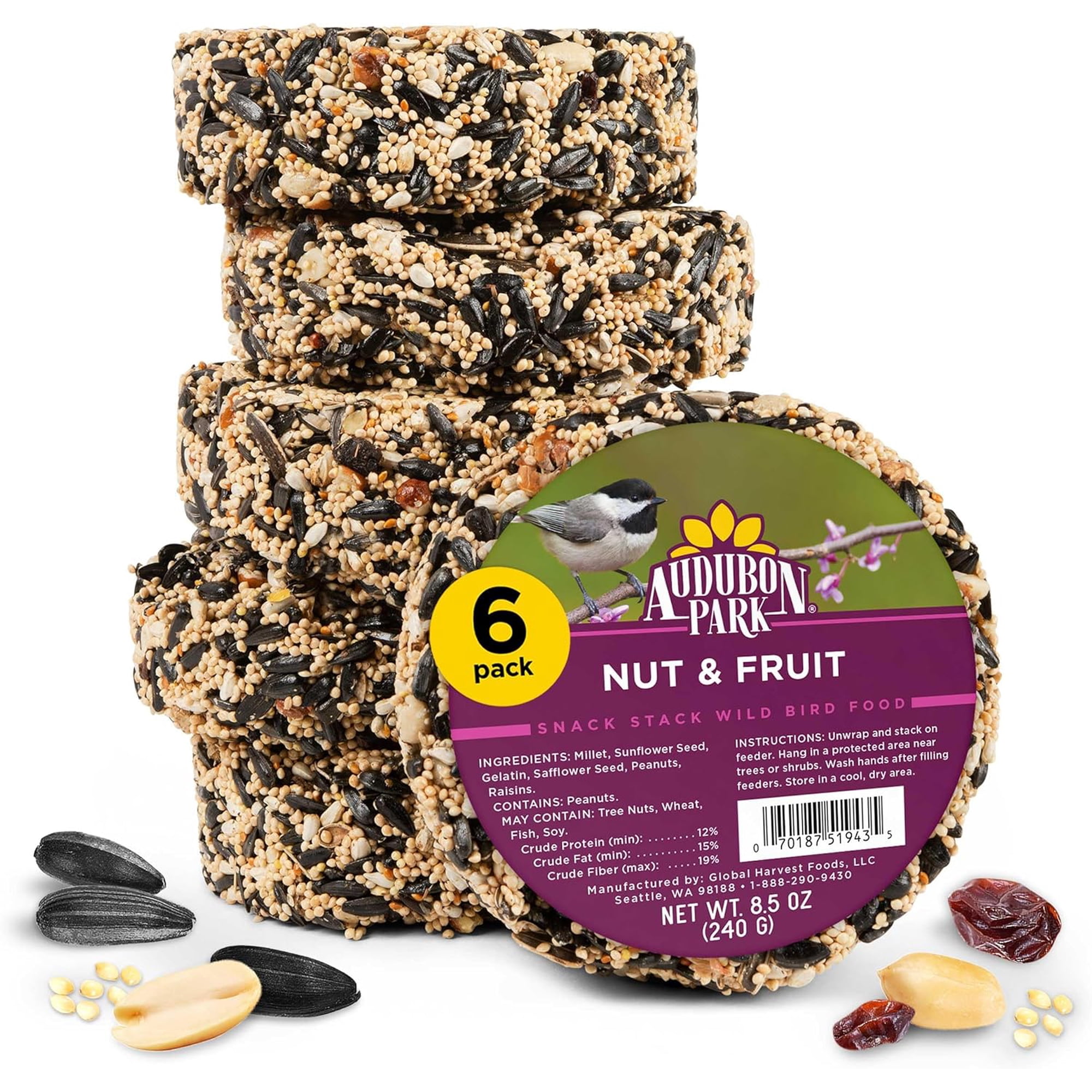 Nut & Fruit Snack Stack Wild Bird Food, Seed Cake for Outside Feeders, 6-Pack