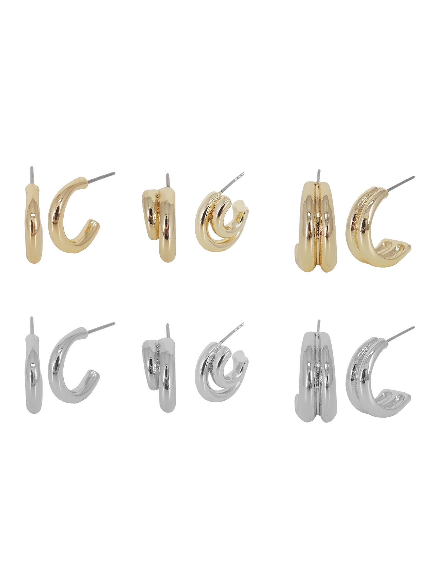 Time and Tru Women's Metal 6 Pair Hoop Earring in Gold and Rhodium Plated