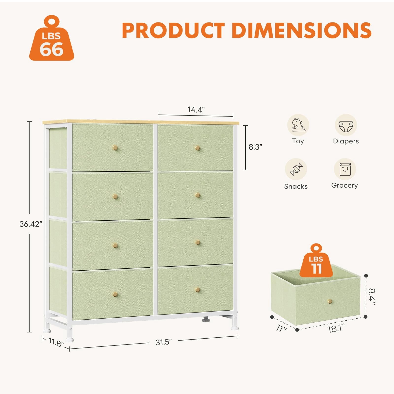 Telyra 8-Drawer Fabric Dresser Tall Storage Tower with Wood Top and Steel Frame Bedroom Closet Organizer, Light Green